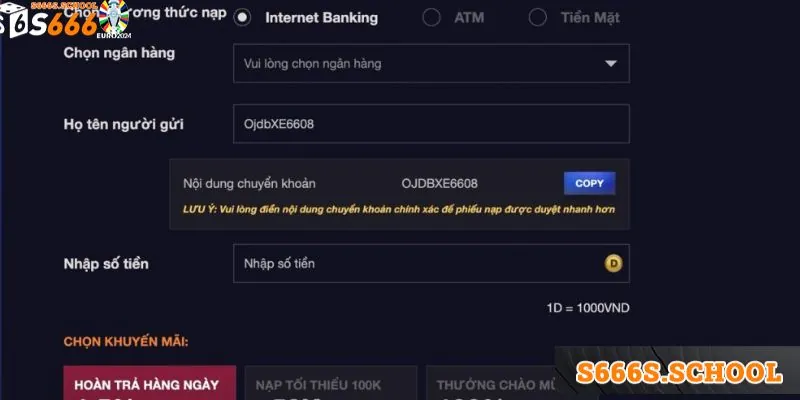 Nạp tiền S666 qua hình thức ngân hàng Nạp tiền S666 qua hình thức ngân hàng